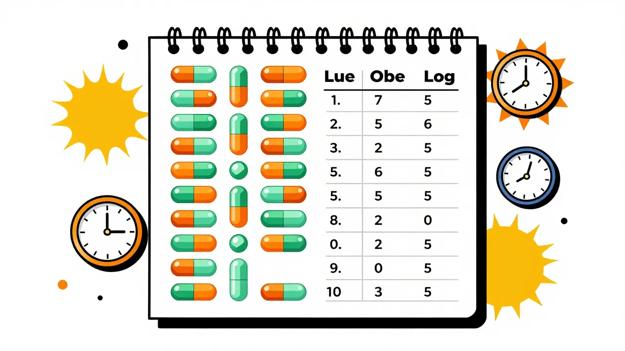 Abstract medication list with colorful pill shapes and schedule symbols.