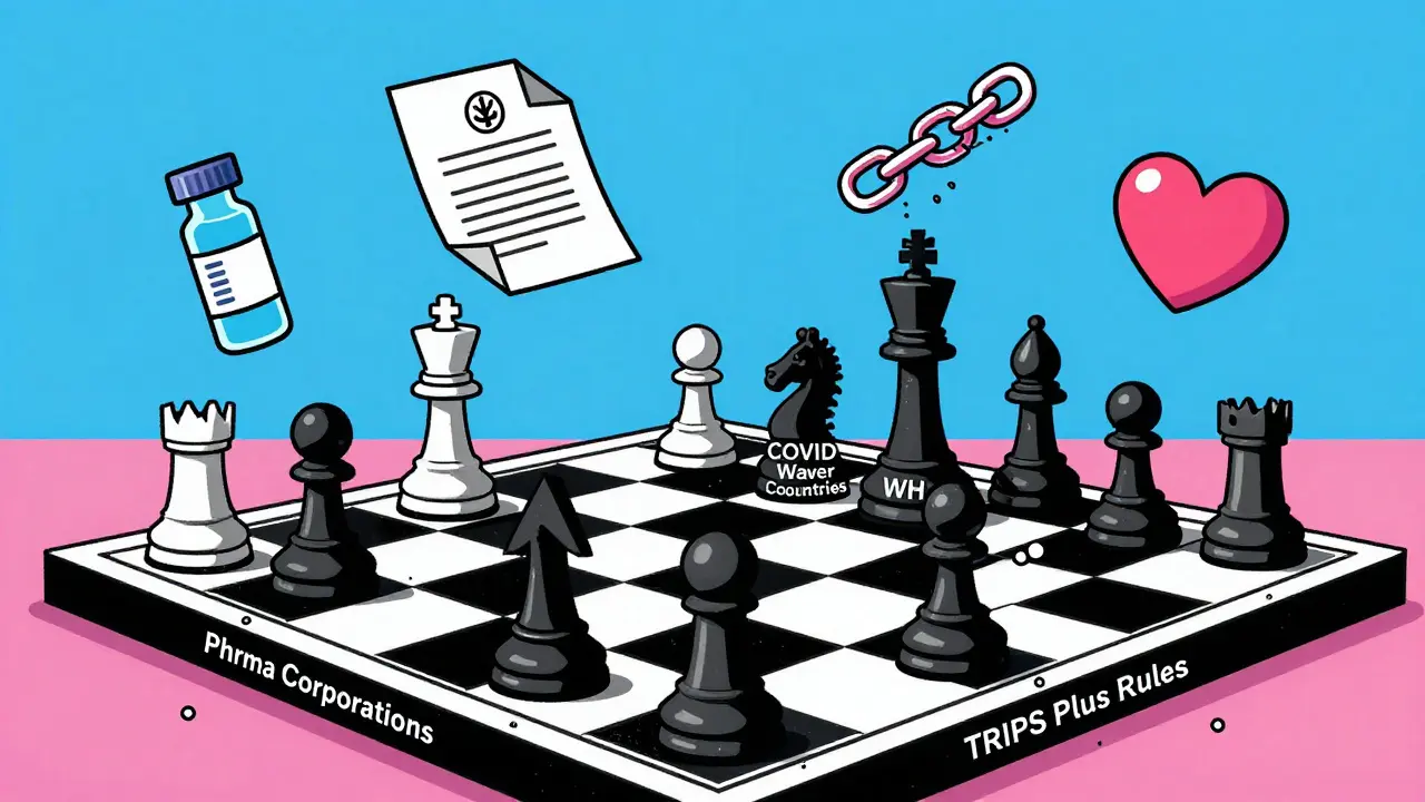 Chessboard with pharma and countries as pieces, COVID waiver pawn reaching the other side.