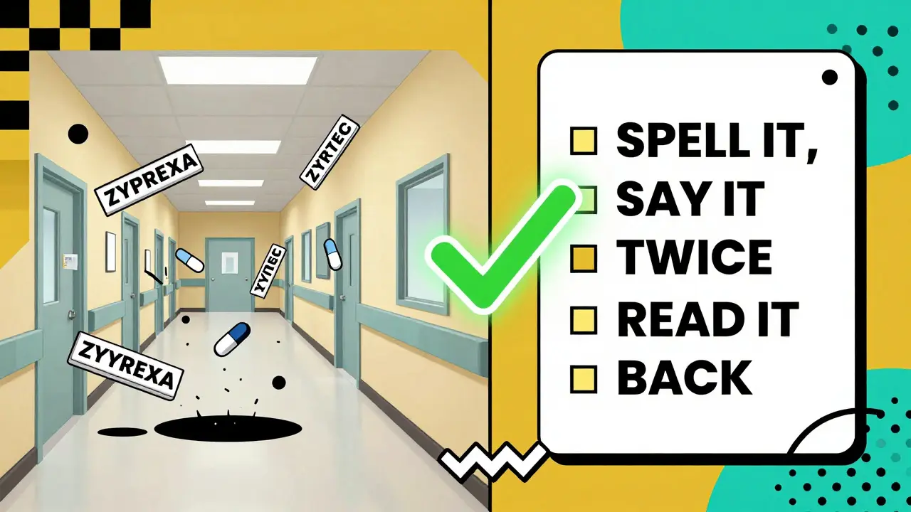 Confusing drug names collide on one side, while correct phonetic spelling and safety steps are shown on the other in Memphis style.