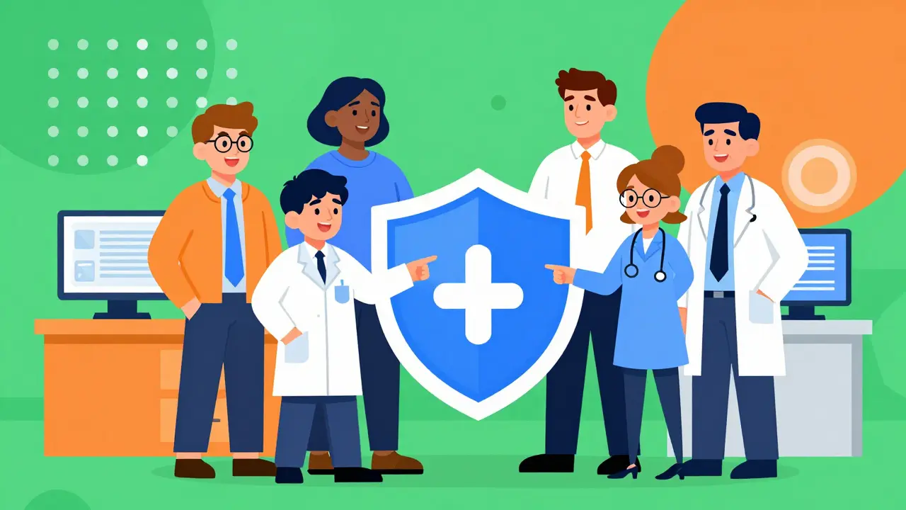 Diverse team collaborating around a data shield icon.