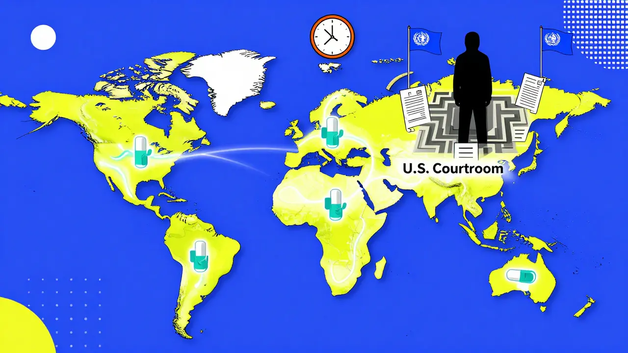 Global map shows affordable medicine flow from countries using compulsory licensing, while U.S. legal system stalls.