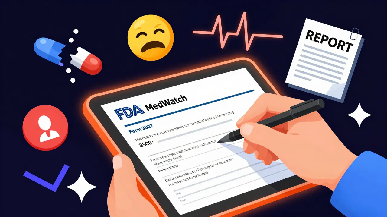 Hand filling out FDA MedWatch form with floating medical icons and geometric patterns.