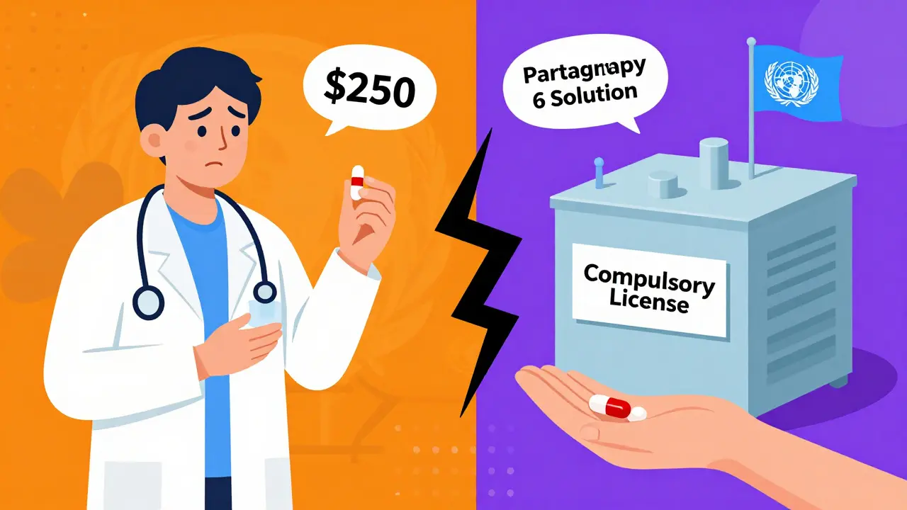 Split scene: expensive branded pill vs. free generic pill from a licensed factory.