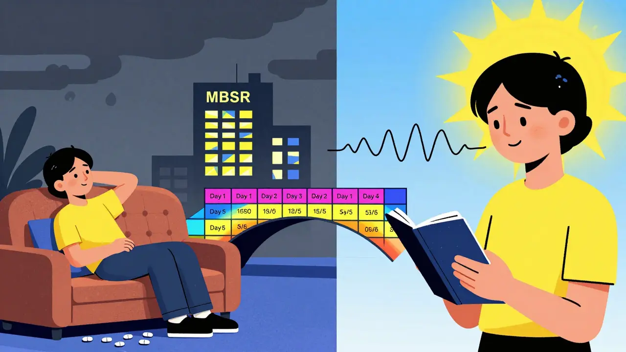 Split scene: one side shows pill clutter and gloom, the other shows calm and a bridge of days, all in bold Memphis colors.