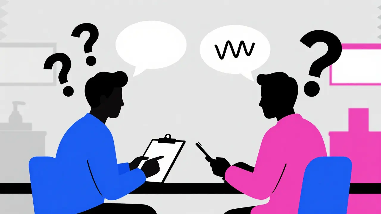 Stylized patient and doctor discussing questions with abstract speech bubbles.