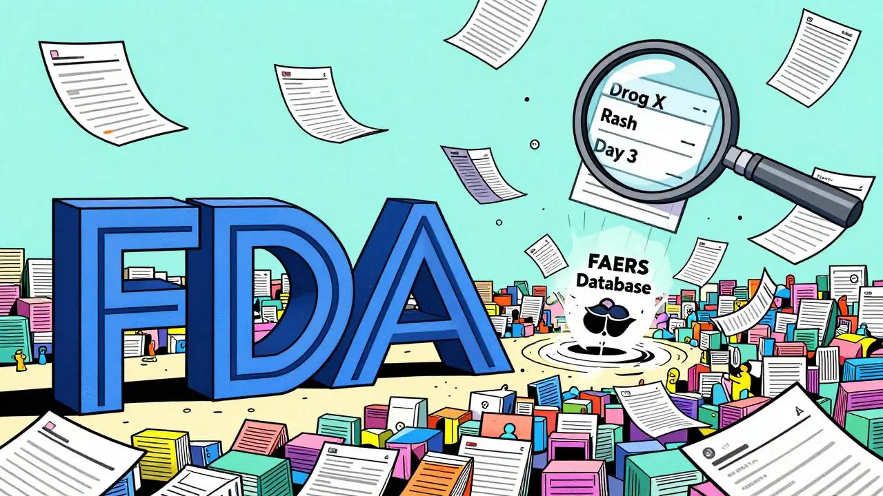 Thousands of report forms flying into a swirling FDA database under a magnifying glass.
