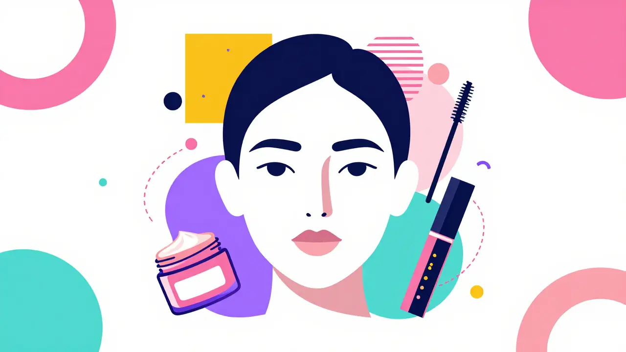 Abstract Memphis Design illustration of a face silhouette surrounded by beauty product icons.