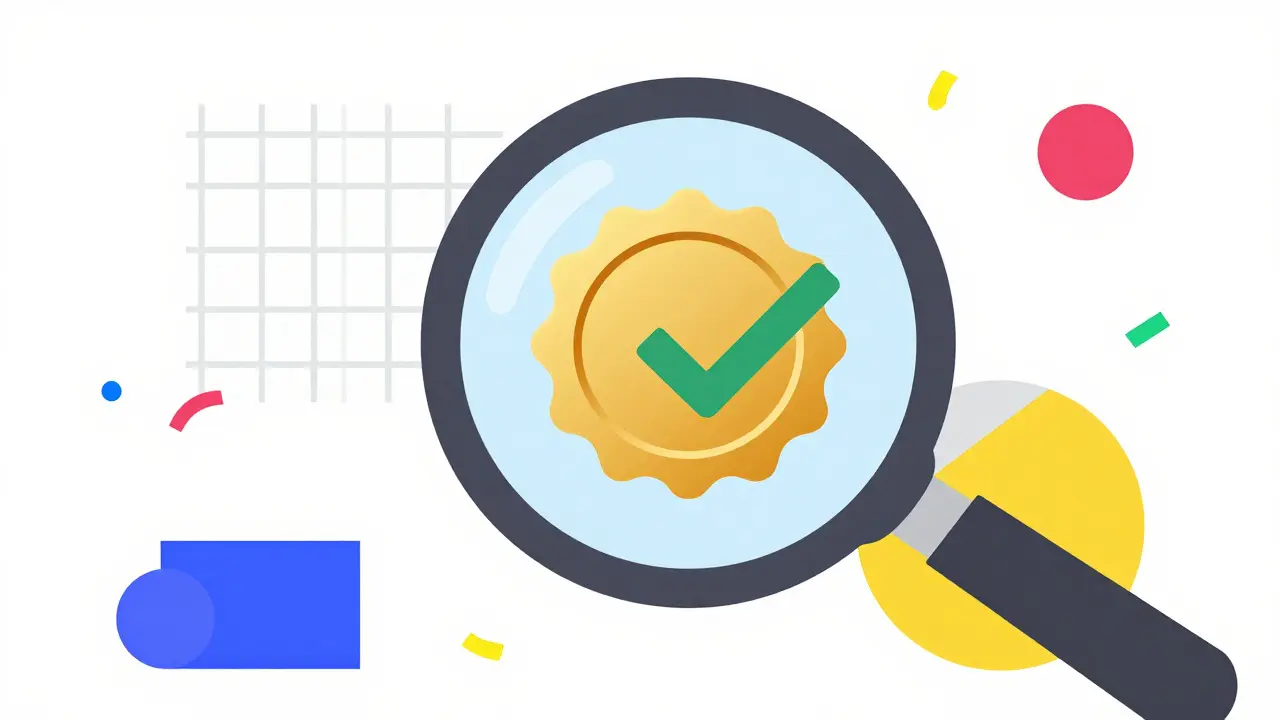 Abstract Memphis style image of a magnifying glass inspecting a verified pharmacy license seal.