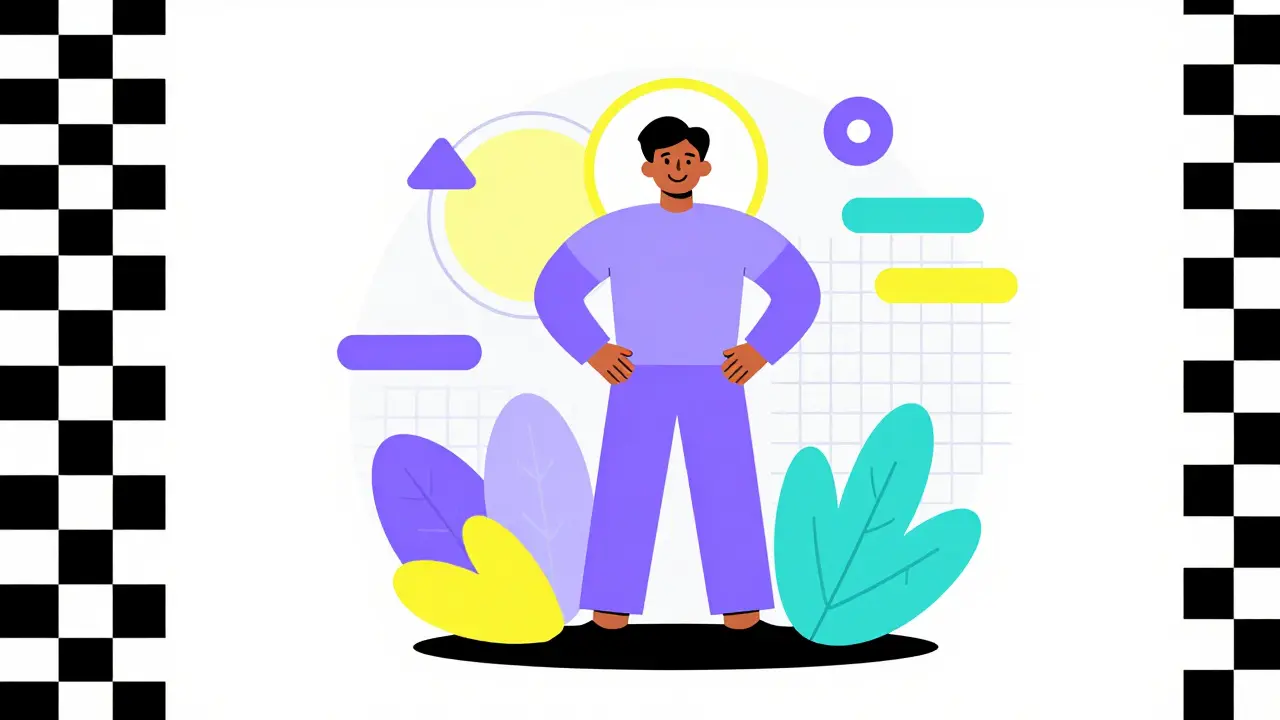 Cheerful figure surrounded by colorful abstract geometric shapes symbolizing health and stability