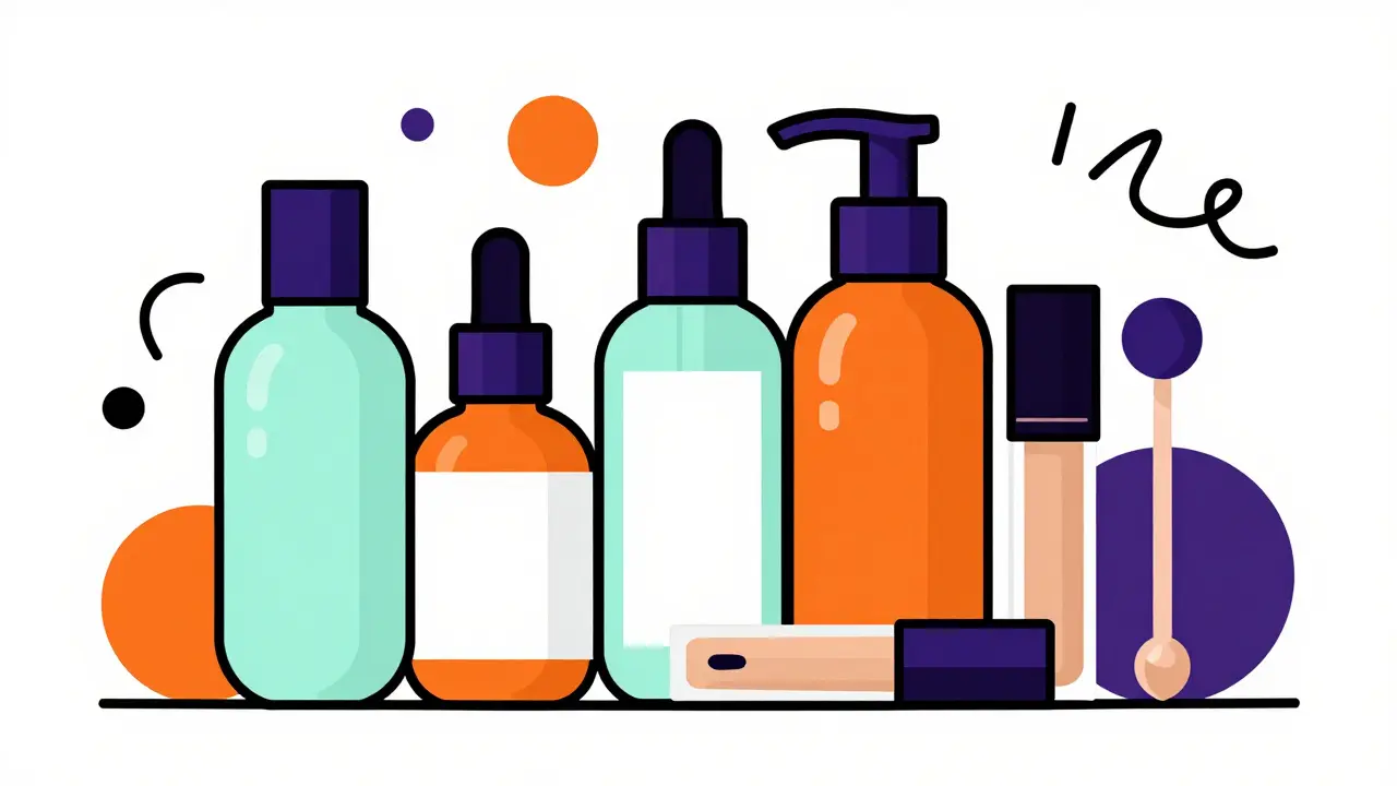 Colorful Memphis Design art of skincare and makeup products among geometric shapes.