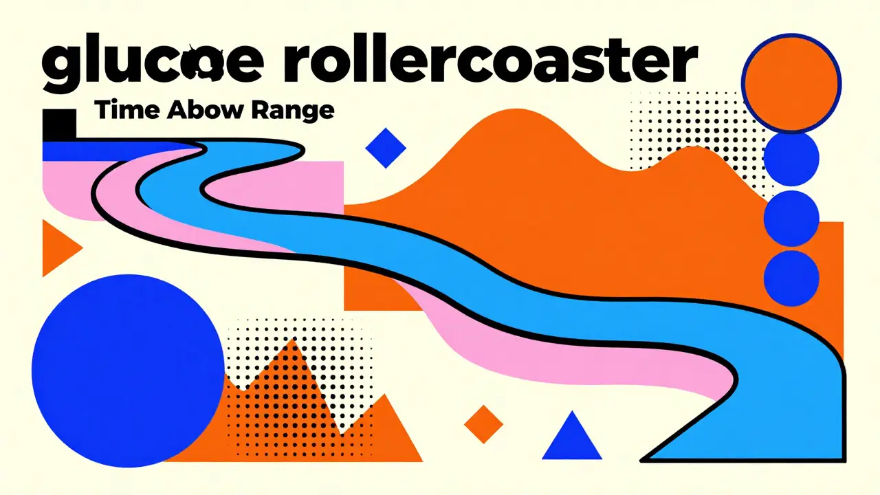 Colorful Memphis design illustration of a rollercoaster path showing blood sugar highs and lows.