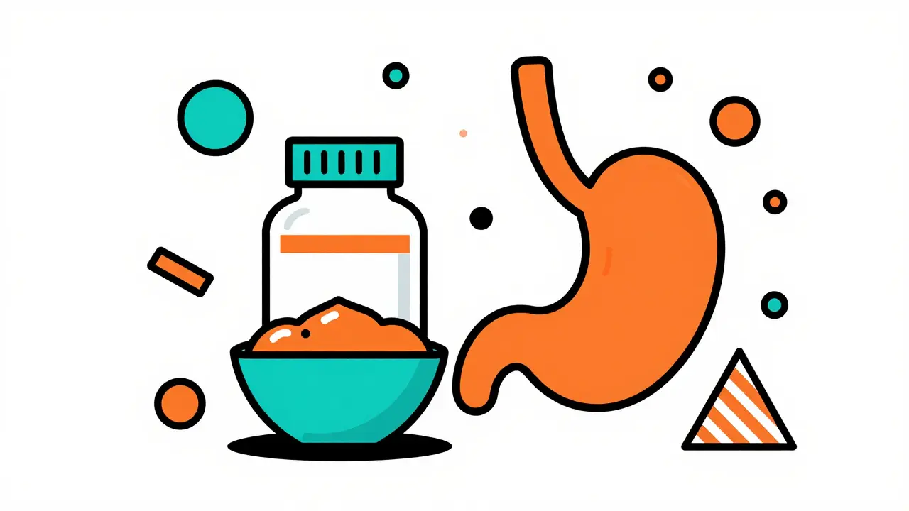 Graphic illustration of a medication bottle and a bowl of applesauce with geometric shapes