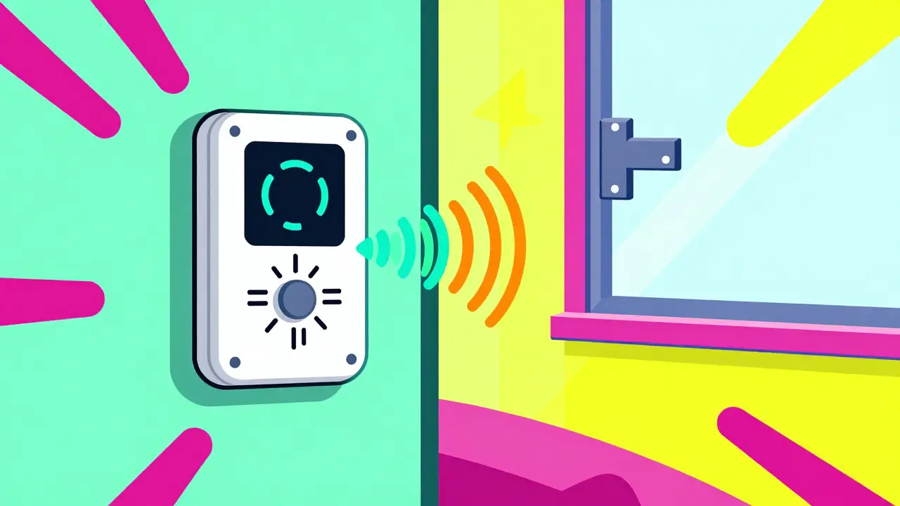 Memphis design illustration of a bedroom door with a security alarm and a locked window.