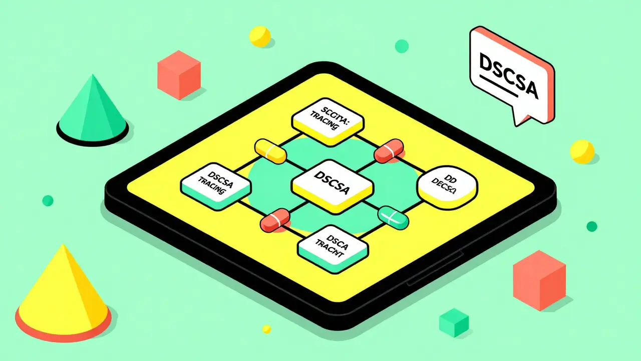 Memphis design illustration of a digital pharmaceutical tracking screen with 3D shapes.