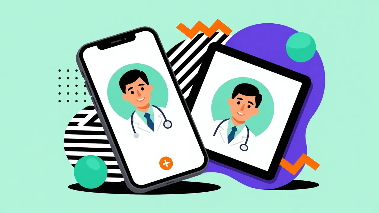 Memphis design illustration of a telehealth doctor on a smartphone and tablet screen.