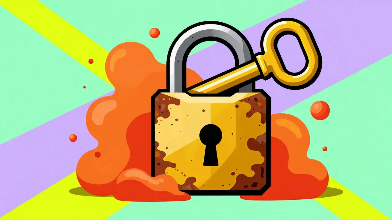 Memphis style art showing a golden key unable to open a rusty lock due to colorful fat blobs.