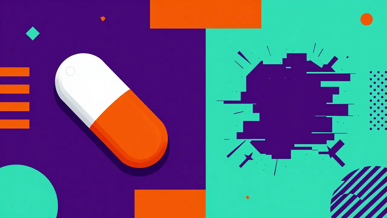 Memphis style conceptual art comparing a genuine pill with a distorted counterfeit version.