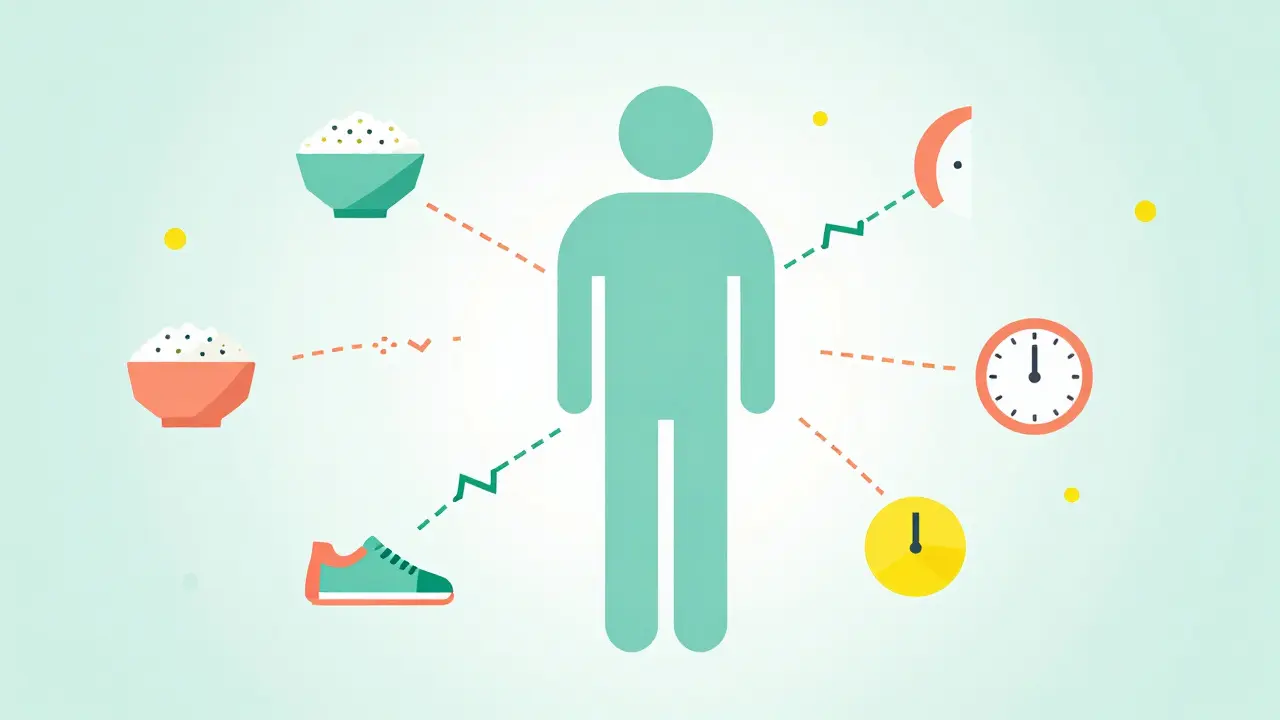 Memphis style illustration of a person surrounded by geometric icons representing diet and exercise patterns.