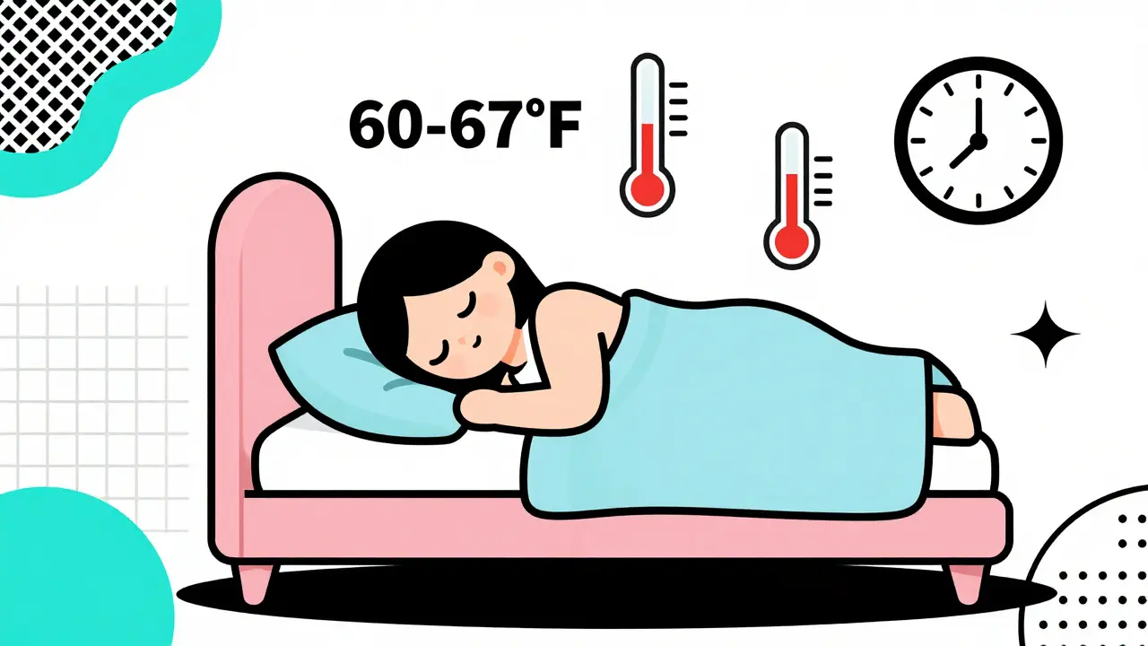 Stylized Memphis design scene of a person sleeping peacefully with sleep hygiene icons.