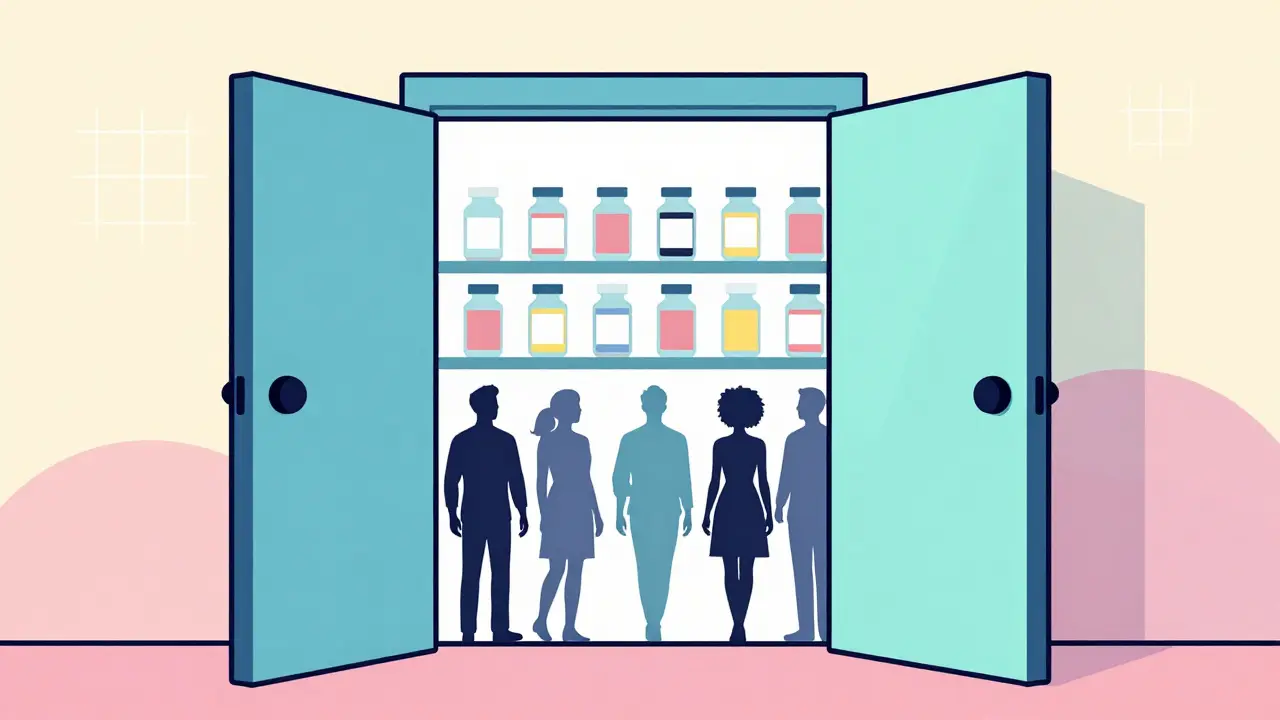 Vibrant illustration of opened gates leading to affordable medicine.