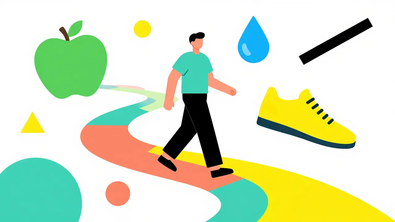 Vibrant Memphis design illustration of a person walking on a colorful path toward a healthy lifestyle.